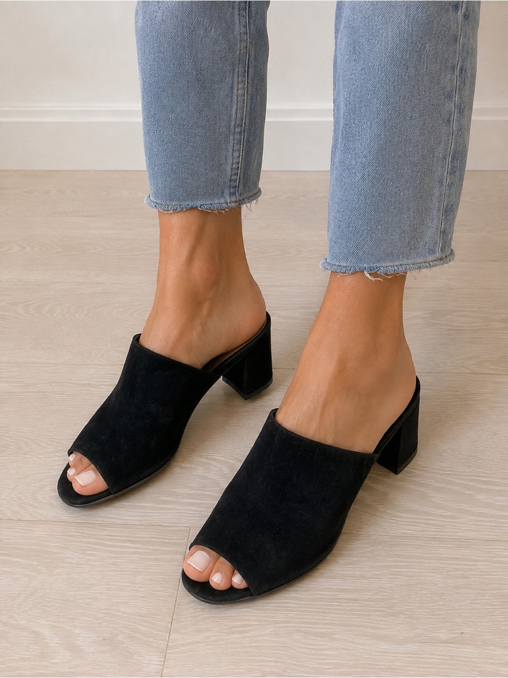Chinese Laundry Black Suede Open-Toe Block Heel Mules